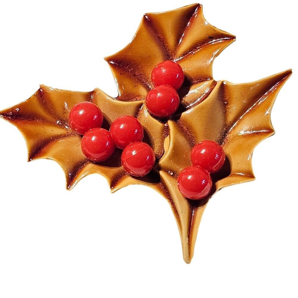 Vintage Style Holly Leaf Brooch Pin 1.88" Red Berries Christmas Holiday Gift Box